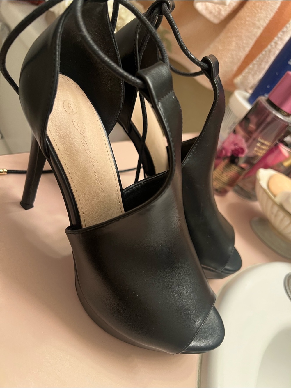 Black Lace-Up Peep Toe Heels - Women